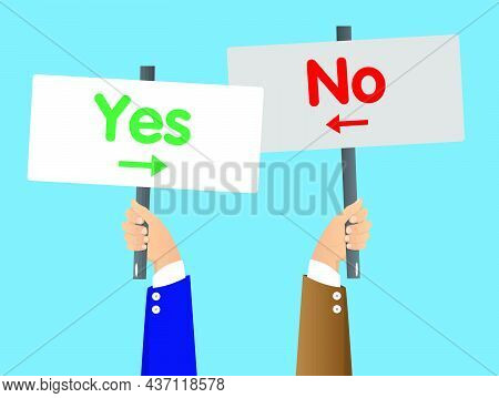 Hand Holding Up Banner With Yes No Right Wrong Answer Business Concept. Man Showing Billboard Banner