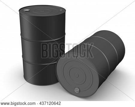 Barrels For Technical Liquids. Two Black Barrels Without Inscriptions Lie On A White Surface. 3d Ill