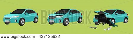 Cartoon Vector Or Illustration. Status Of The Soft Green Car From Normal Car To The Car Was Slightly