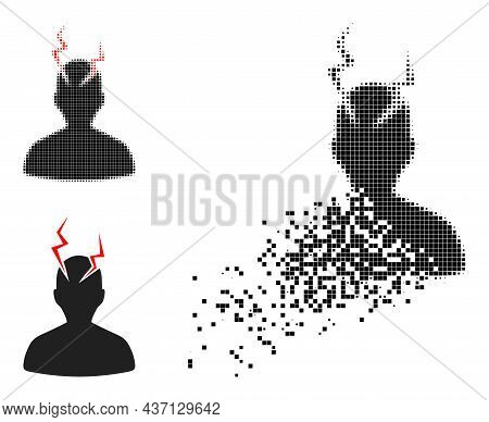 Disintegrating Pixelated Head Migrain Sick Glyph With Halftone Version. Vector Destruction Effect Fo
