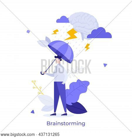 Man With Umbrella Under Rain And Lightning Coming From Brain Cloud. Concept Of Brainstorm, Critical 