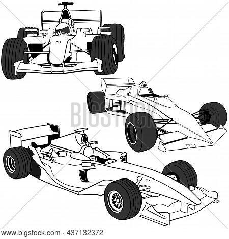 Set Of F1 Racing Car Drawings - Black Illustrations Isolated On White Background, Vector
