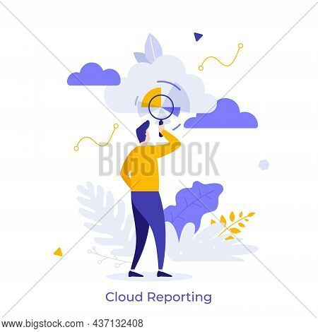 Man Looking At Chart Through Magnifying Glass. Concept Of Cloud Reporting Software, Online Service O
