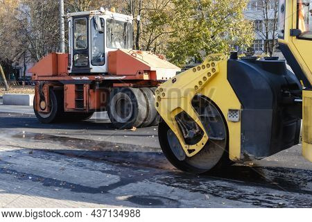 Two Heavy Duty Vibratory Road Rollers For Asphalt Concrete Works And Road Repairs. Heavy Machinery W