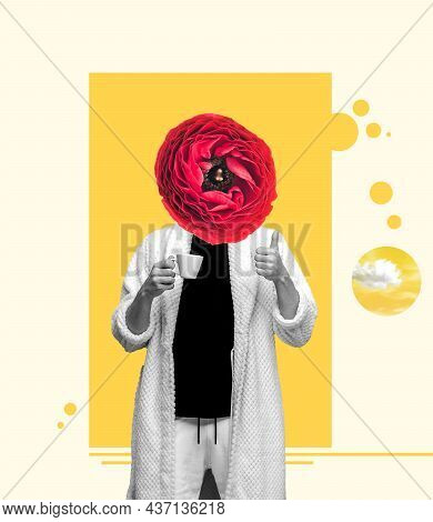 Contemporary Art Collage Of Man With Rose Floewer Head Wearing Gown And Drinking Morning Coffee