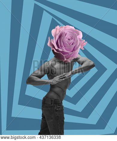 Contemporary Art Collage Of Muscular Man With Rose Flower Head Isolated Over Hypnotising Blue Backgr