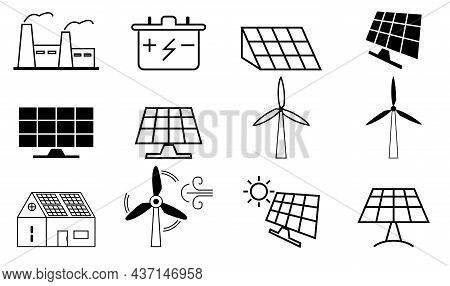 Set Of Energy Types Related Vector Line Icons. Contains Such Icons As, Solar Panel, Solar Power, Win