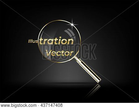 Realistic Golden Magnifying Glass Isolated On Black Background - Realistic Golden Magnifying Glass. 
