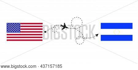 Flight And Travel From Usa To El Salvador By Passenger Airplane. Airplane Route And Country Flags. T
