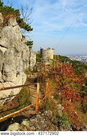 Wonderful hiking trail next to steep rocks. Autumn scenery in Moedling, Lower Austria, Austria. Natu