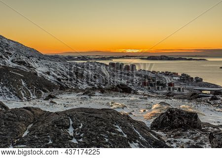 Beautiful Polar Sunset, View From The Hill To Nuuk Fjord And New Suburb Of City, Greenland