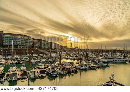 Sunset Over Marina, Saint Helier, Bailiwick Of Jersey, Channel Islands
