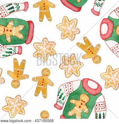 Watercolor Seamless Hand Drawn Pattern With Christmas Ugly Sweater Jumper. Red Green Traditional Col