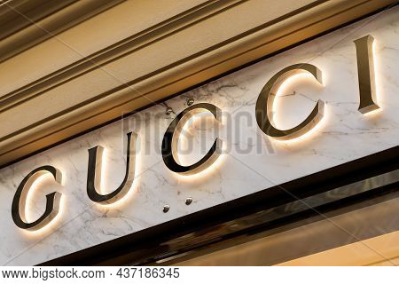 Moscow, Russia - October 14, 2021: Signboard Of Gucci  Store. Gucci Boutique In Gum