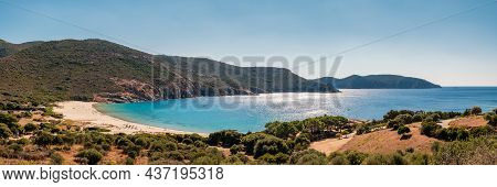 Panoramic View Of Plage D'arone Beach And Turquoise Mediterranean Sea On The West Coast Of Corsica