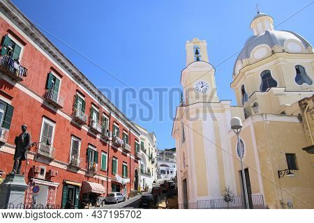 Procida, Italy - March 29,2019: Colorful Street And Church On The Island In Procida, Italy On March 