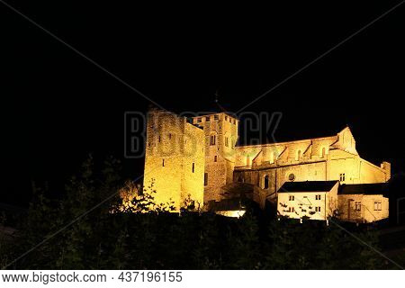 Illuminated Medieval Valere Basilica, Also Called Valere Castle, In Sion, Switzerland