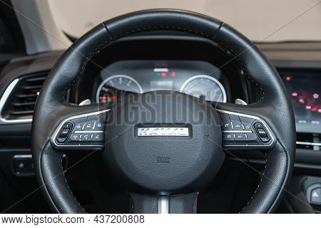 Novosibirsk, Russia - September 12, 2021: Haval F7, Car Interior View With Dashboard, Multifunction 