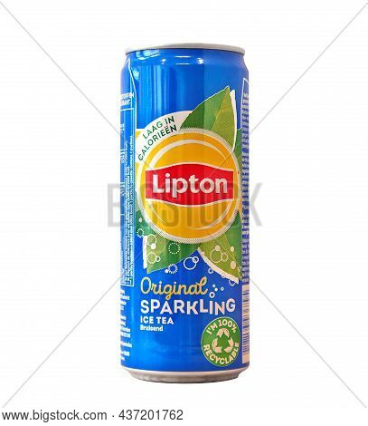 Aluminium Can Of Original Lipton Ice Tea Sparkling Isolated On A White Background, Made For Belgium.