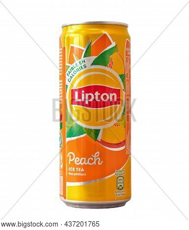 Aluminium Can Of Lipton Ice Tea With Peach Flavour Isolated On A White Background, Made For Belgium.