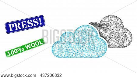 Mesh Clouds Model, And Press Warn Blue And Green Rectangle Scratched Stamp Seals. Mesh Carcass Illus