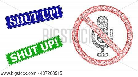 Net No Sound Image, And Shut Up Warn Blue And Green Rectangle Scratched Seal Imitations. Mesh Carcas