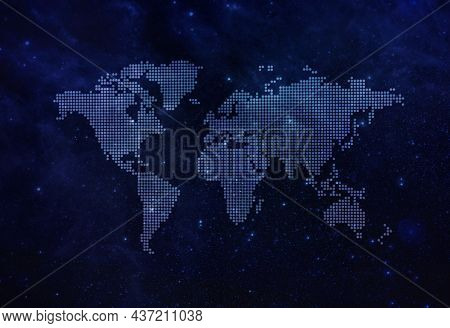 World Map On Dark Night Sky For Background Or Backdrop Banner Show Global Business, World Atlas, Wor