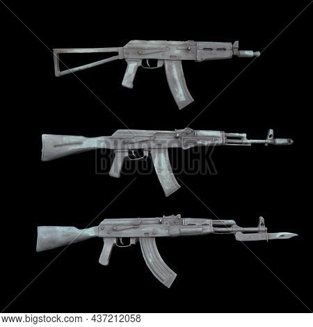 Options For Kalashnikov Assault Rifles. Barillef Isolated On Black Background.