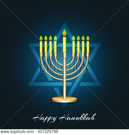 Happy Hanukkah Jewish Holiday Deep Blue Greeting Poster Or Banner Mockup, 3d Hanukkah Menorah Candel