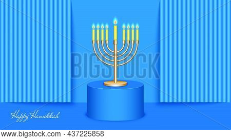 Happy Hanukkah Greeting Card Blue Mockup. 3d Composition Of A Menorah With Nine Candles On A Pedesta
