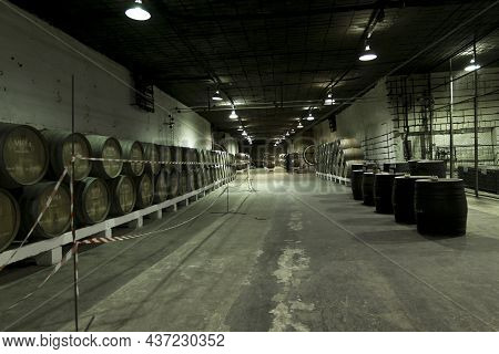 Inkerman.crimea.may 31, 2021.oak Barrels With Wine In The Cellars Of The Inkerman Winery In The Crim