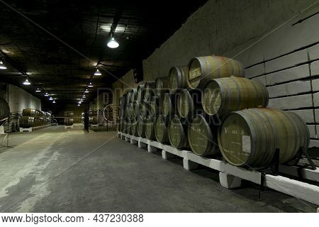 Inkerman.crimea.may 31, 2021.oak Barrels With Wine In The Cellars Of The Inkerman Winery In The Crim