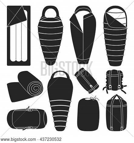 Sleeping Bag Isolated Vector Illustration On White Background . Black Set Icon Camping Bed. Vector B