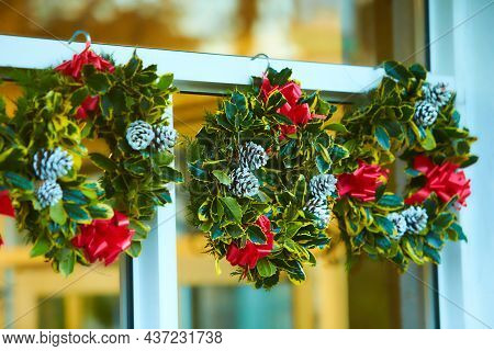 Close-up Of Round Christmas Wreaths Made. Zsd