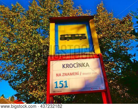 Prague, Czech Republic - October 24, 2021: Bus Stop Board With Name Of The Stop Krocinka. The Stop I