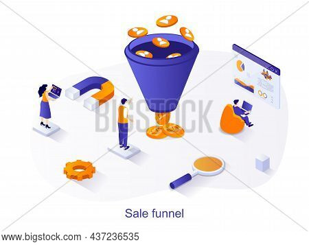 Sale Funnel Isometric Web Concept. People Study Customer Behavior, Business Communication With Clien