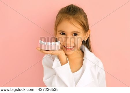 Cute Charming Little Dentist Holds Model Jaws In The Palm Of His Hand Close To His Face, Smiling Bro