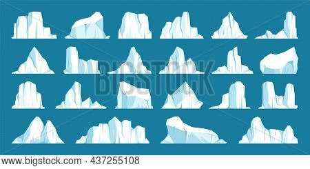Floating Icebergs Collection. Drifting Arctic Glacier, Block Of Frozen Ocean Water. Icy Mountains Wi