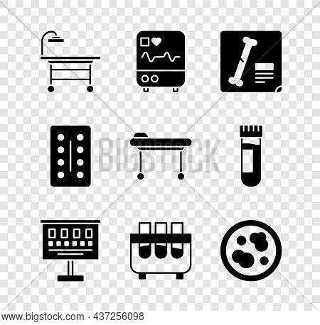 Set Operating Table, Monitor With Cardiogram, X-ray Shots, Eye Test Chart, Test Tube And Flask, Petr