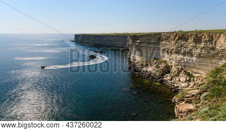 Panorama Of The Sea And Rocky Coast. Cape Tarkhankut In Crimea.