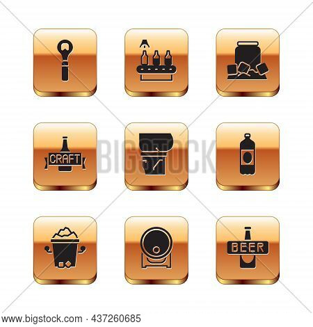 Set Bottle Opener, Ice Bucket, Wooden Barrel On Rack, Beer Belly, Bottle, Cold Beer Can, And Conveyo