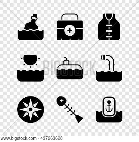 Set Bottle With Message In Water, First Aid Kit, Life Jacket, Wind Rose, Dead Fish, Location Anchor,