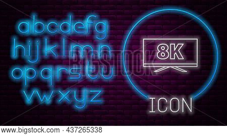 Glowing Neon Line Screen Tv With 8k Ultra Hd Video Technology Icon Isolated On Brick Wall Background