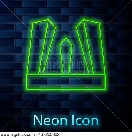 Glowing Neon Line Gate Of Europe Icon Isolated On Brick Wall Background. The Puerta De Europa Towers