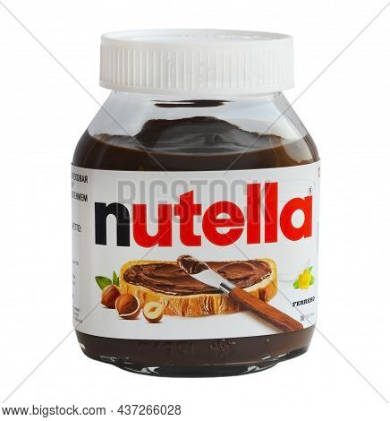 Russia - October 24, 2021 : A Jar Of Nutella Sweet Nutty Chocolate Paste, An Italian Company Produci