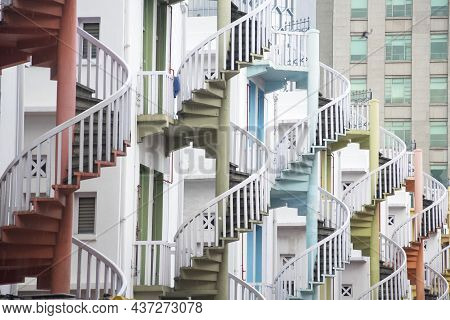 Singapore- 24 Oct, 2021: Close Up Of Colorful Pastel Spiral Staircases In Singapore. It Is A Popular