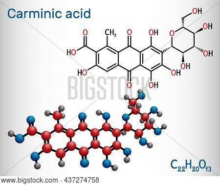Carminic Acid Molecule. It Is Used In Foods, Pharmaceuticals. Structural Chemical Formula And Molecu