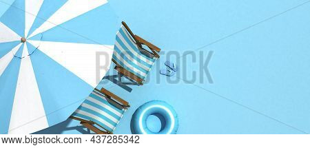 The Concept Of Summer Vacation. Top View On A Sun Lounger Under An Umbrella On The Sandy Beach, 3d R