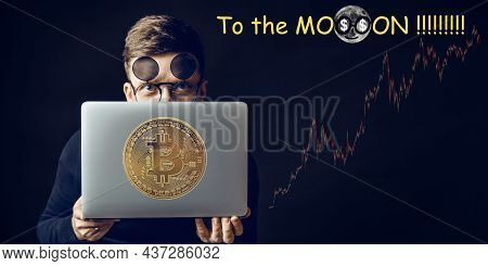 Laptop Screen Displaying A Bitcoin Rise Concept