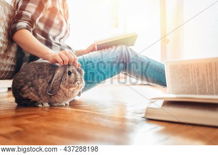 A Person Is Sitting On The Floor, Reading A Book And Petting A Rabbit. Side View. Copy Space. Concep